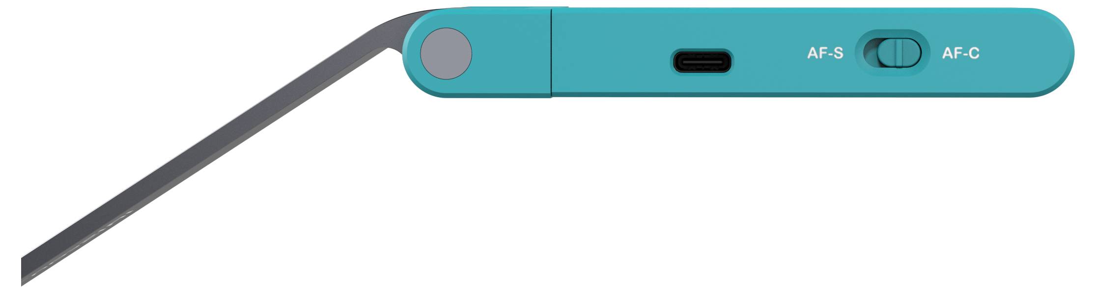 Ventola elettrica 'Aquablade' con bordo metallico, manico turchese, porta USB-C e interruttore AF-S/AF-C, progettata con angolazione per un facile immagazzinamento.