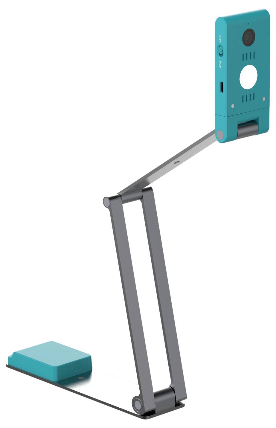 Una lampada da scrivania regolabile in nero e petrolio con un design moderno che presenta una base rettangolare e un braccio geometrico che sostiene la sorgente luminosa.