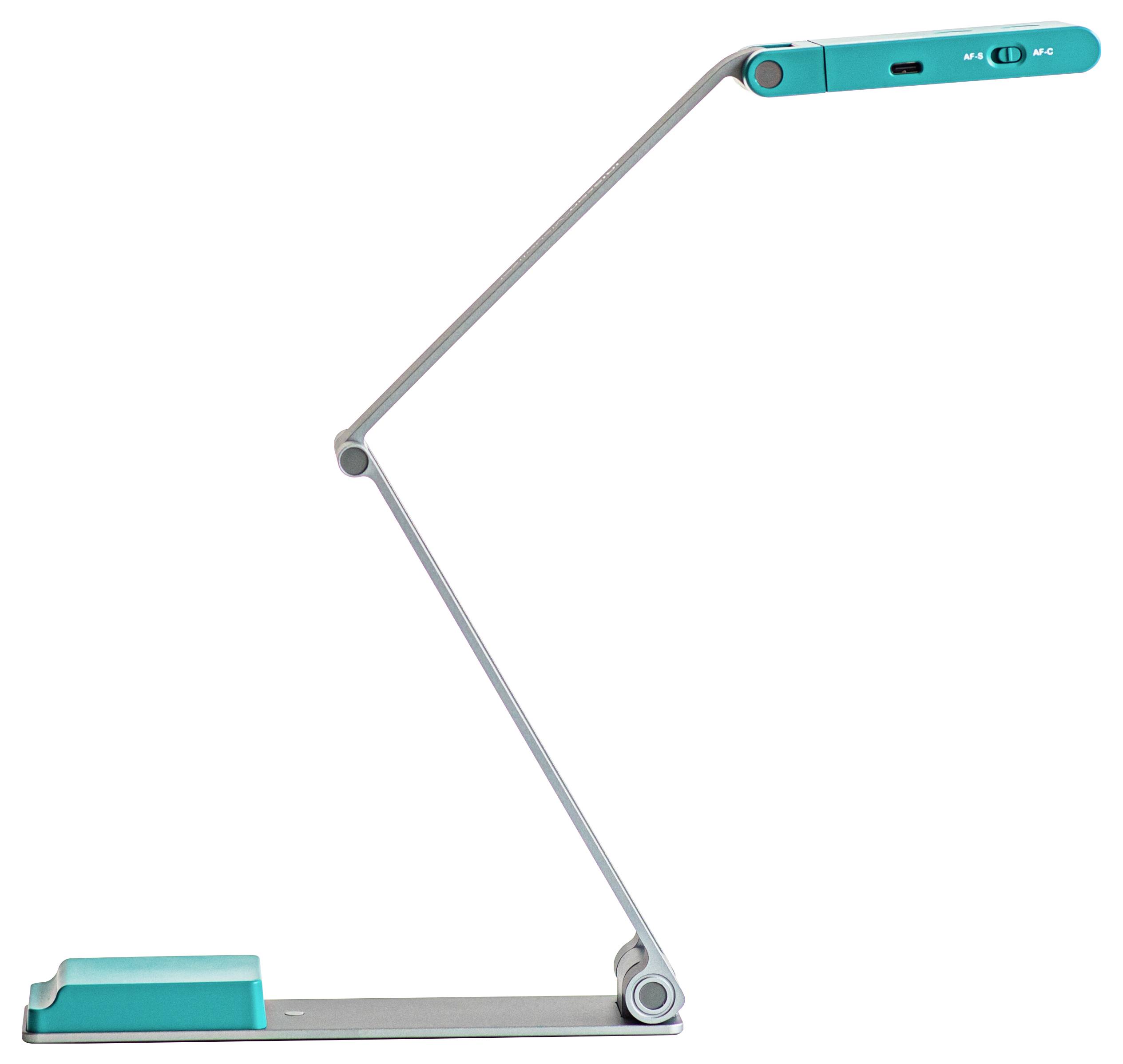 Una lampada da scrivania sottile e moderna con braccio regolabile e testa luminosa color turchese, angolata per un'illuminazione efficiente.