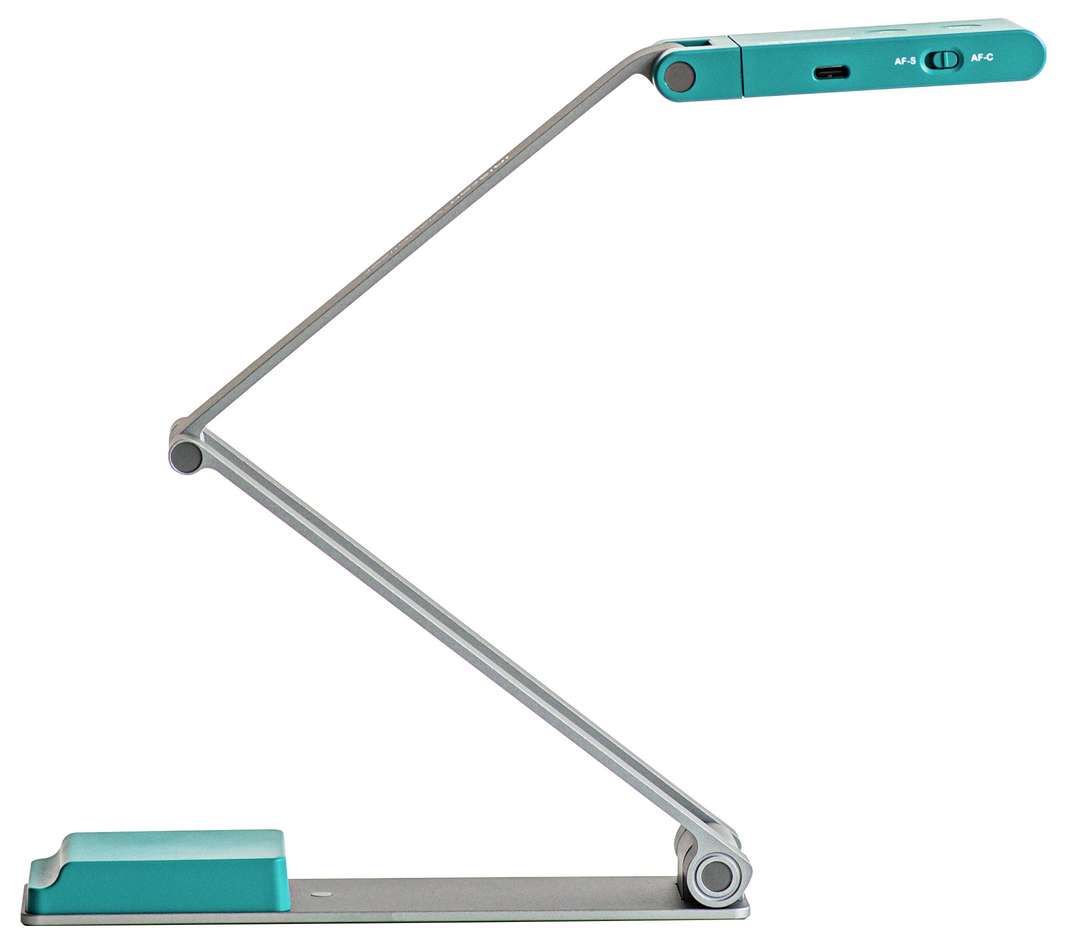 Una lampada da scrivania moderna e minimalista, con un braccio sottile e regolabile e una testa color turchese, che si distingue per un design elegante e ricercato.