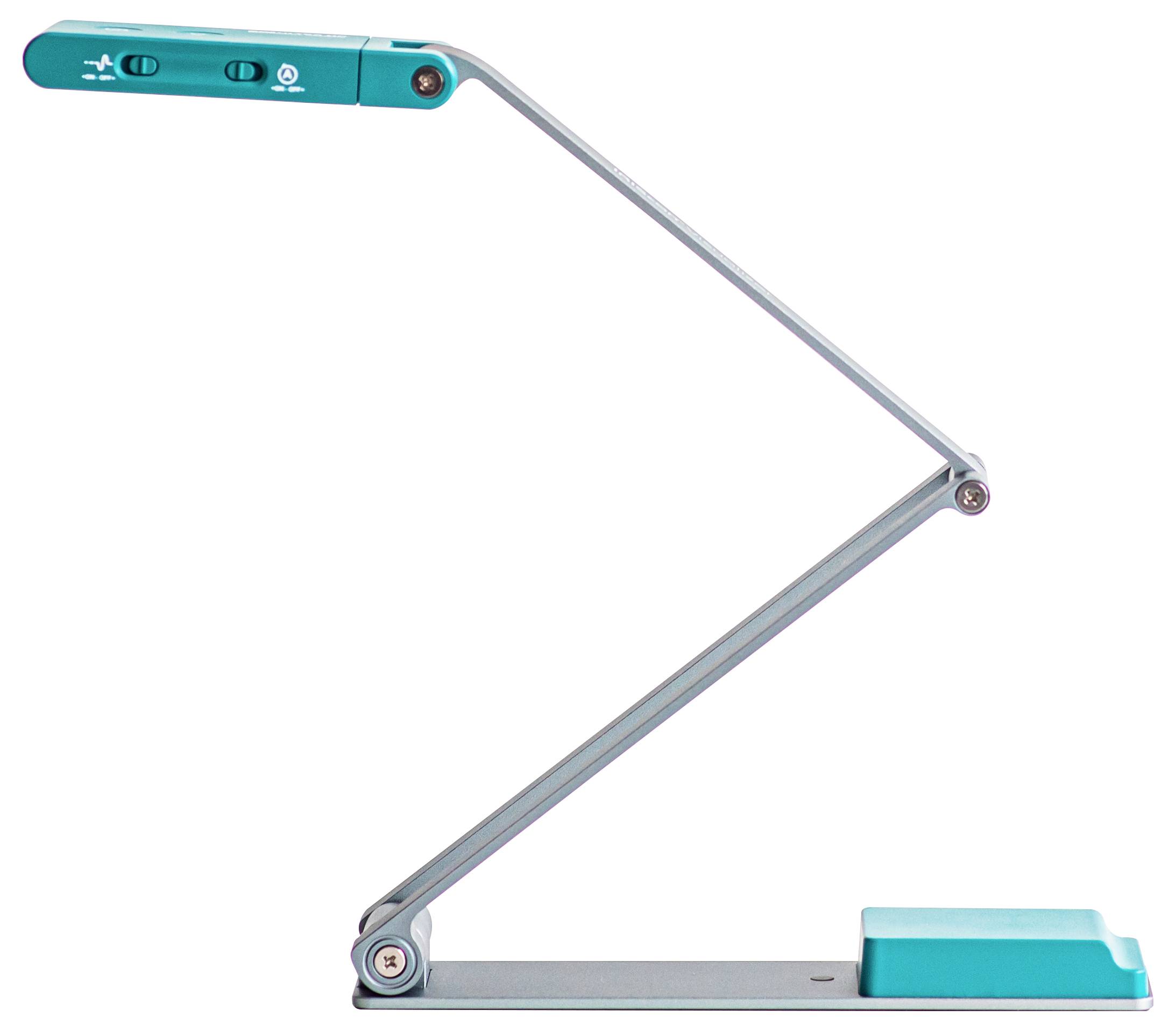 Una lampada da scrivania moderna e elegante con una testa e una base color petrolio, collegate da un braccio sottile e regolabile in metallo, su uno sfondo bianco.