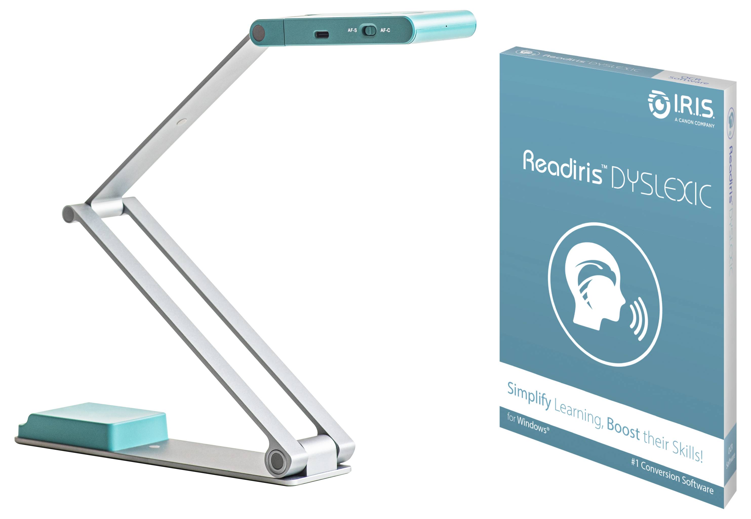 Un scanner di colore turchese e grigio accanto a una scatola di software Readiris Dyslexic, utilizzato per convertire il testo in audio per assistere gli utenti dislessici.