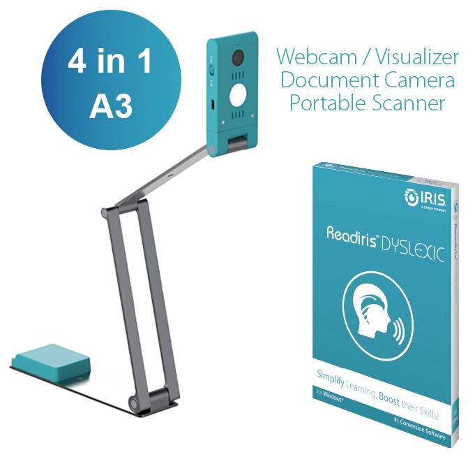 'Un dispositivo A3 4 in 1 funziona come webcam, visualizzatore, fotocamera per documenti e scanner portatile. La confezione riporta "Readiris Dyslexic" con l'obiettivo di semplificare l'apprendimento.'