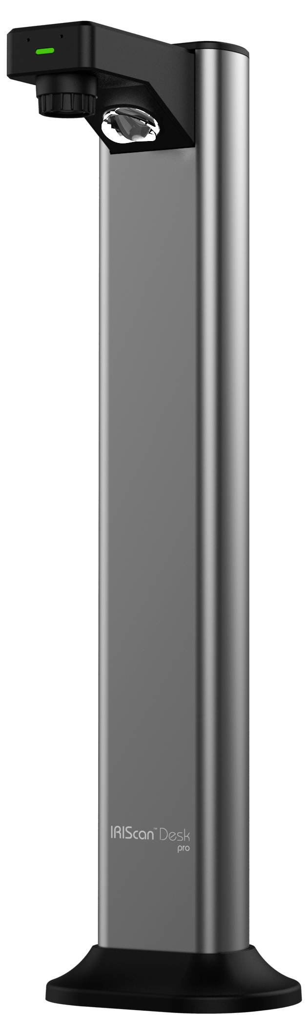Un supporto verticale alto, slanciato e elegante, con una fotocamera sulla sommità, progettato per attività di scansione o cattura digitale, con un aspetto moderno.