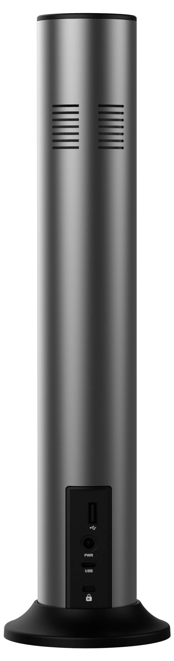 Ventilatore a torre cilindrico alto in colore nero con un design elegante, dotato di pulsanti di controllo vicino alla base e griglie di ventilazione verticali vicino alla sommità.