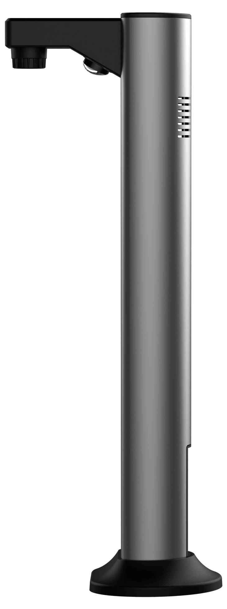Un erogatore d'acqua metallico elegante e moderno con un design lineare, dotato di un beccuccio e base neri, visto di lato.