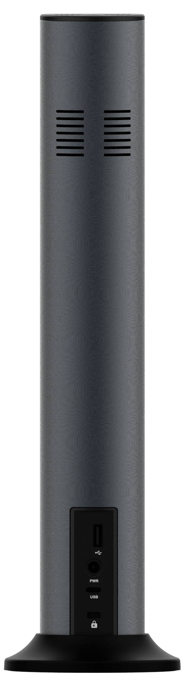 Un dispositivo elettronico nero, cilindrico e alto, con fessure di ventilazione laterali e una base, dotato di pulsanti di controllo e una porta USB sul lato frontale inferiore.