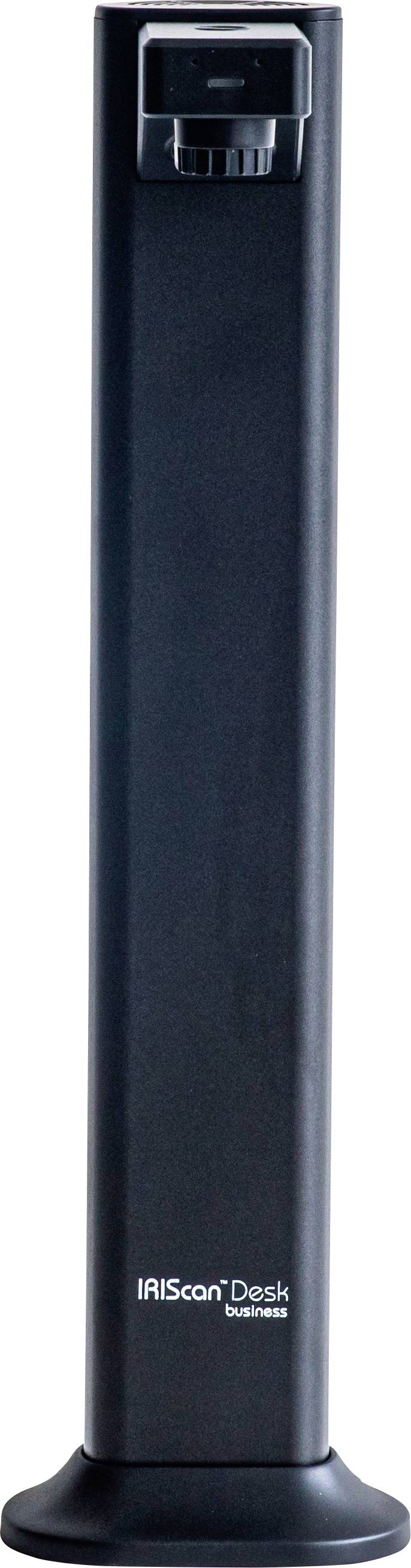 Un scanner per documenti verticale, nero, IRIScan Desk 5 Pro, dal design compatto e elegante, adatto per una scansione di documenti efficiente e precisa.
