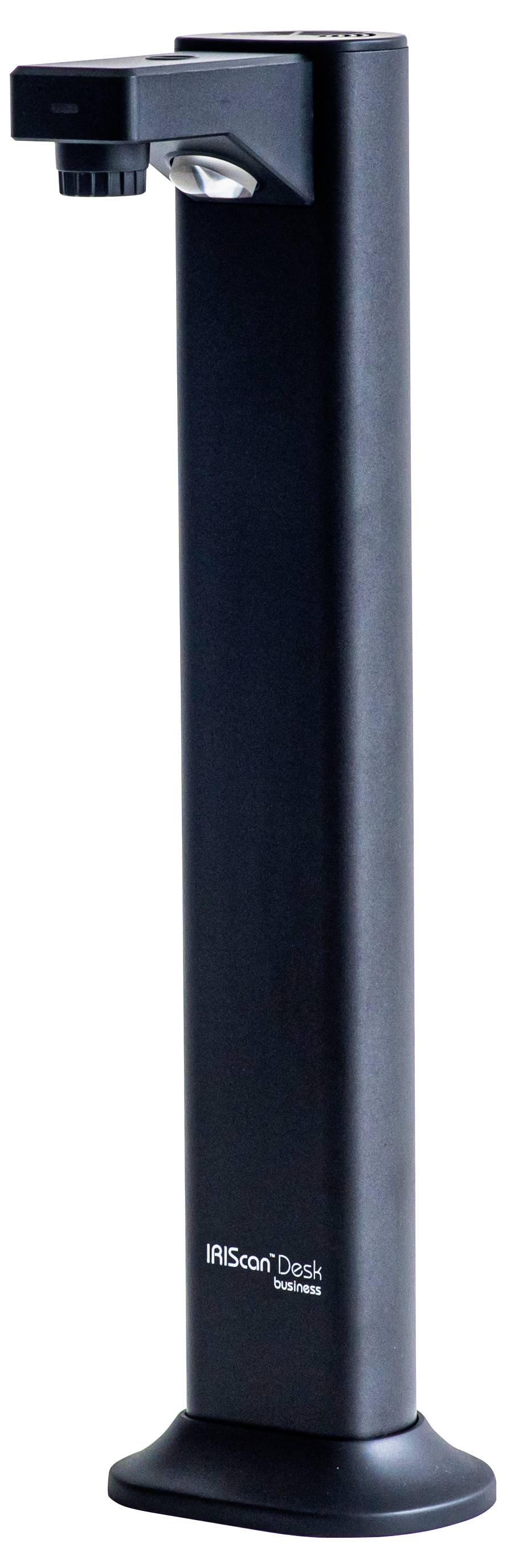 Uno scanner da scrivania IRIScan nero su un supporto, progettato per scansionare documenti e convertirli in formato digitale. Il nome del marchio è ben visibile.