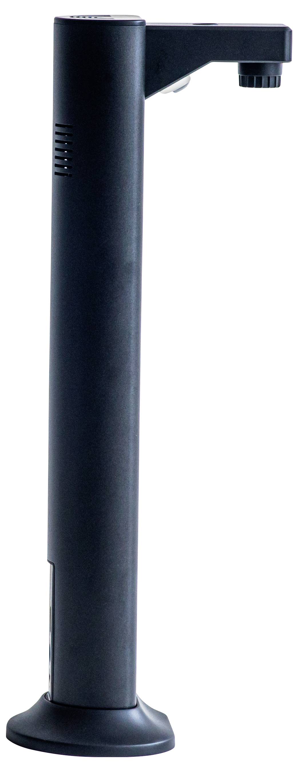 Un elegante erogatore d'acqua cilindrico nero con un beccuccio nella parte superiore, progettato per i piani di lavoro delle cucine moderne.