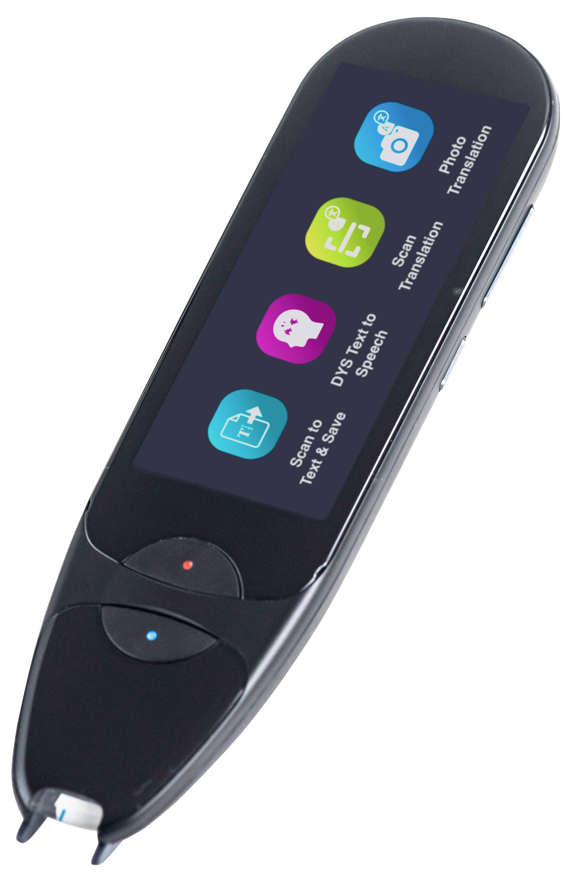Uno scanner portatile per testi che mostra sul suo schermo le icone per 'Scansiona in Testo', 'Testo ID in Sintesi Vocale' e 'Traduzione Foto'.