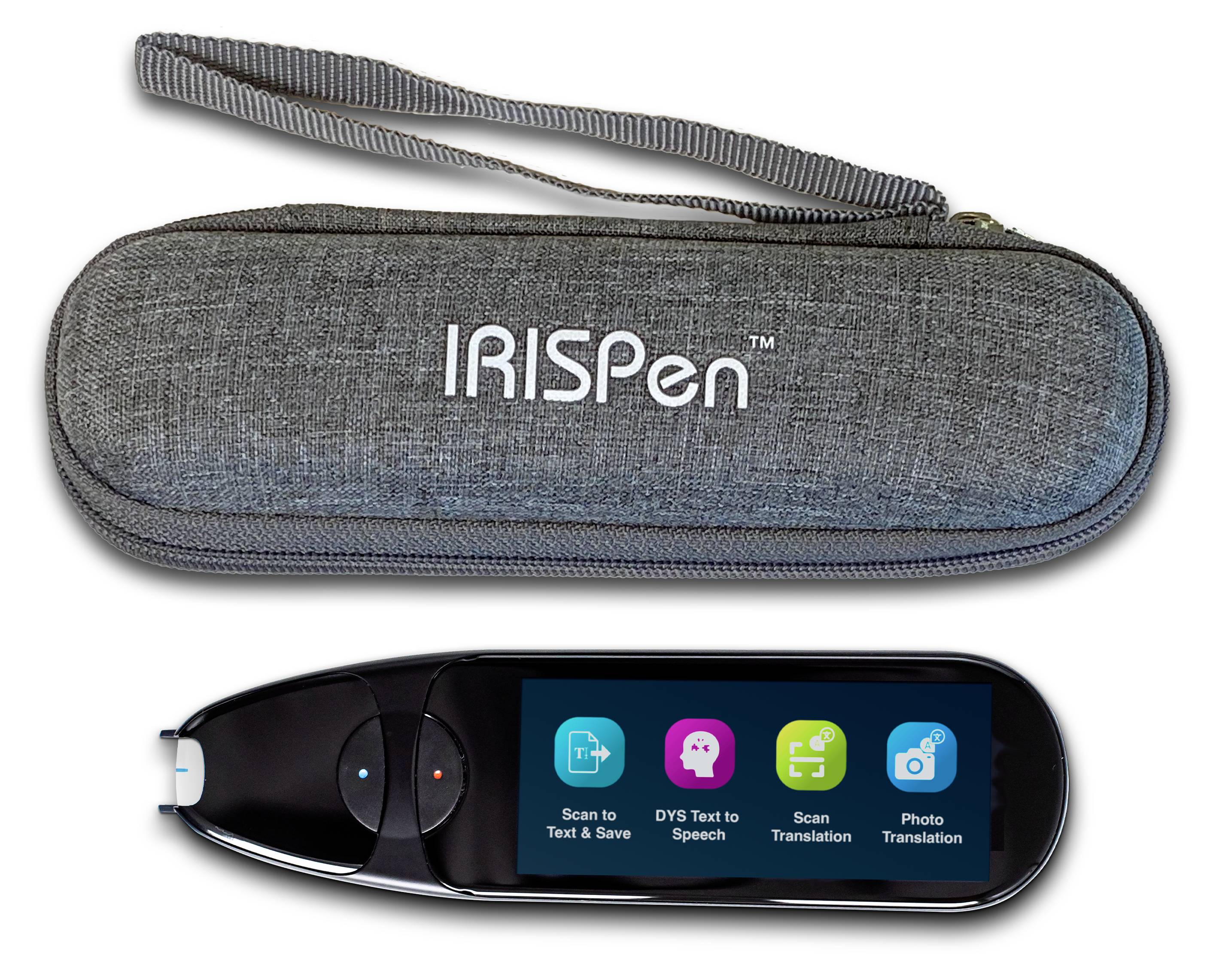 Penna digitale con schermo che mostra icone per funzionalità di testo, voce e traduzione. Include una custodia grigia etichettata 'IRISPen'.