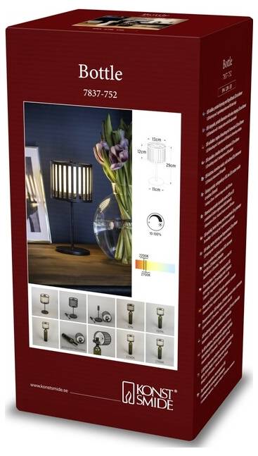 Una scatola rossa mostra una lampada da tavolo con un paralume a righe etichettato 'Bottiglia', con dimensioni di 10x25 cm e varie impostazioni di illuminazione.