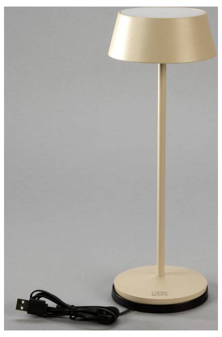 Una lampada da tavolo elegante, color beige, con funzione di ricarica USB, poggiata su una base rotonda accanto a un cavo USB nero.