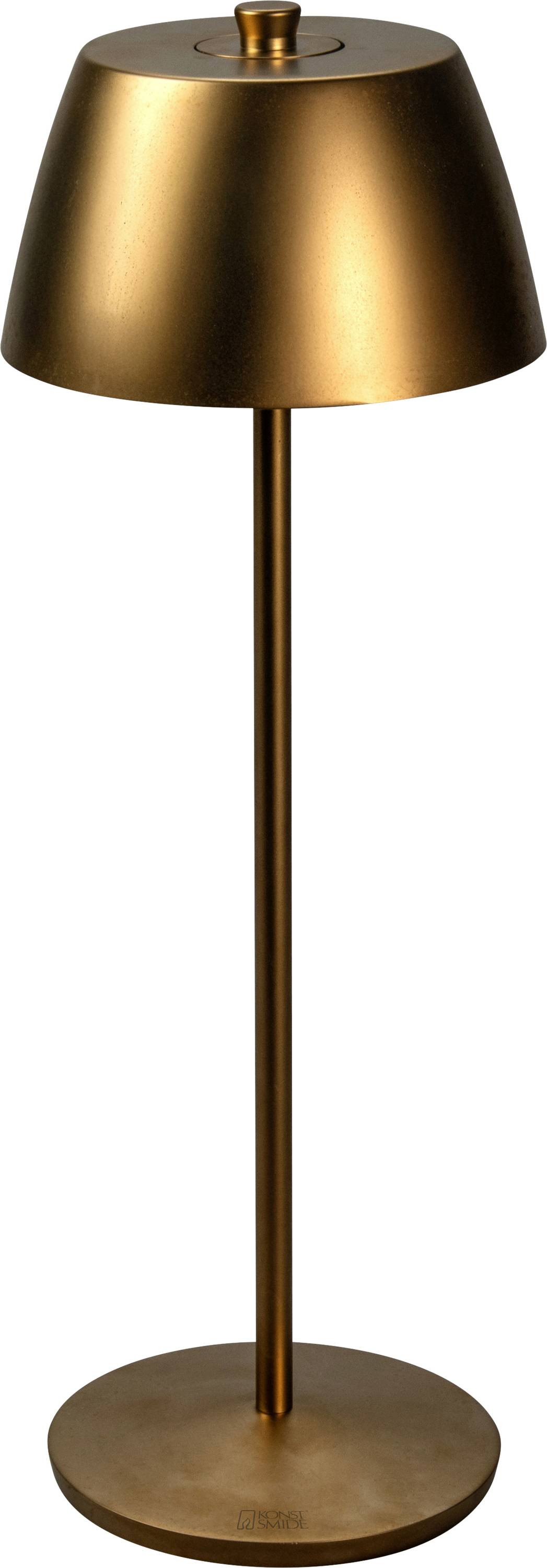 Lampada da tavolo moderna color bronzo con paralume conico e base cilindrica.