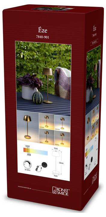 Packaging per la lampada da tavolo Eze 7840-901 di Konst Smide. Le caratteristiche includono l'uso esterno, illuminazione LED e varie opzioni di colore.