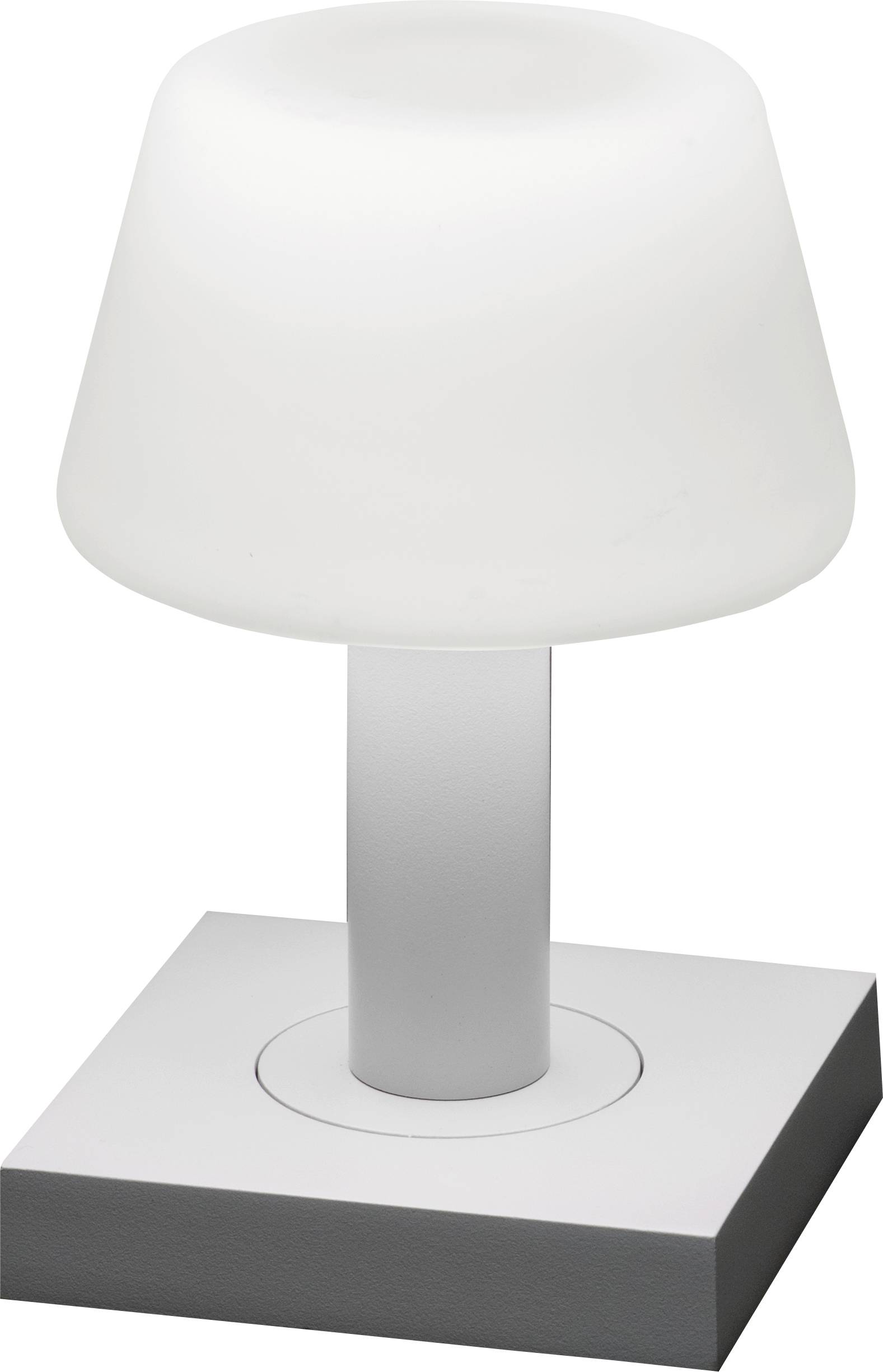 Una lampada da tavolo moderna e minimalista in bianco, con base cilindrica e paralume conico smerigliato, adatta all'arredamento contemporaneo.