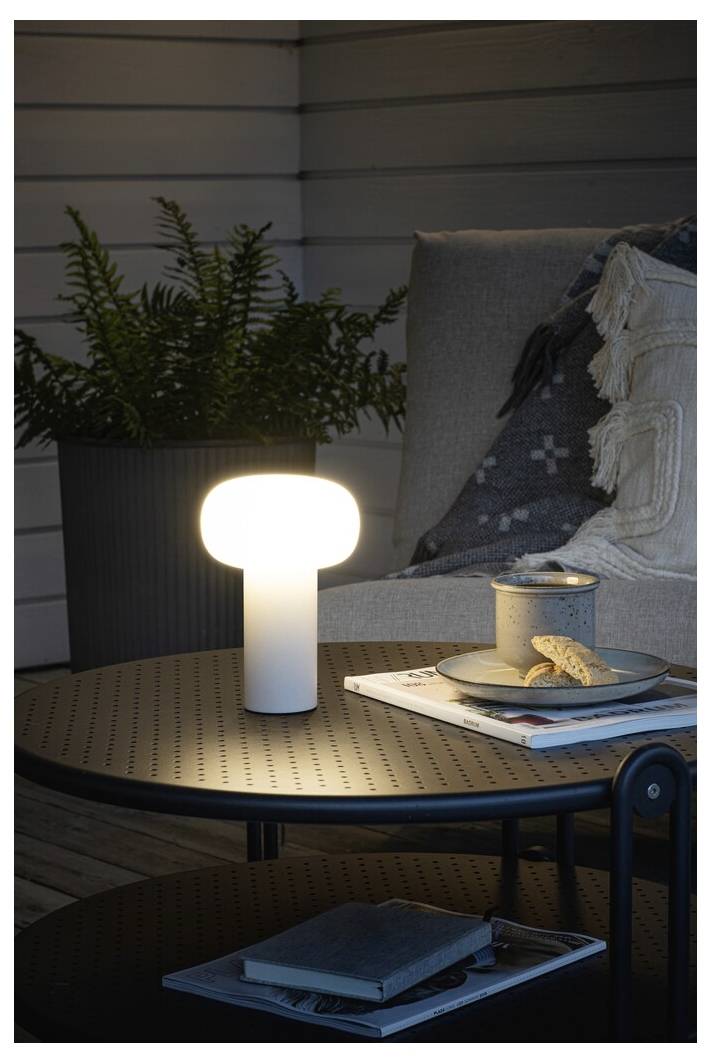 Una scena accogliente con una lampada da tavolo che irradia un bagliore caldo, una tazza su un piattino, biscotti, e libri su un tavolo rotondo, con una pianta e una sedia avvolta da una coperta.