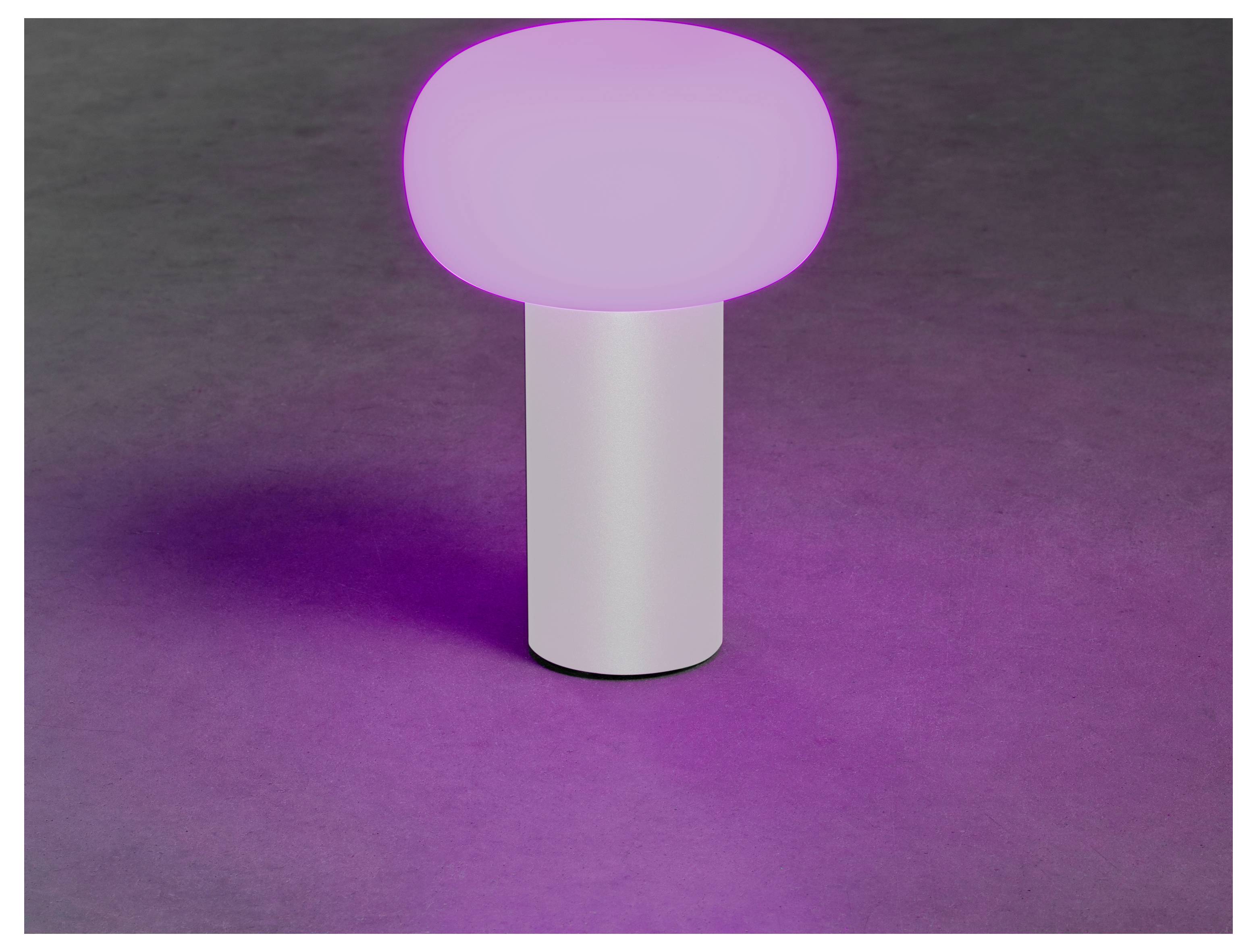 Una lampada da tavolo moderna con base cilindrica e cima ovale rosa luminosa proietta una luce rosa delicata su una superficie grigia.