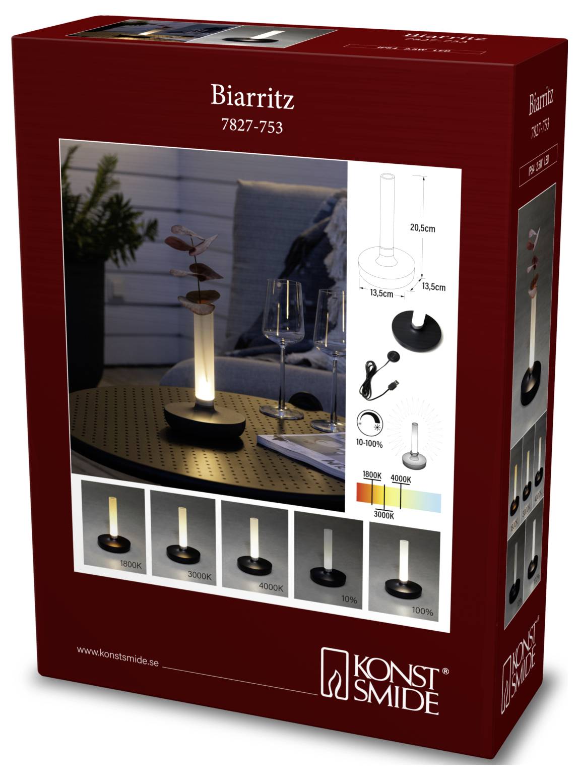 Confezione della lampada 'Biarritz 7827-753' che mostra la lampada su un tavolo con bicchieri di vino; include le dimensioni del prodotto e le impostazioni di illuminazione.