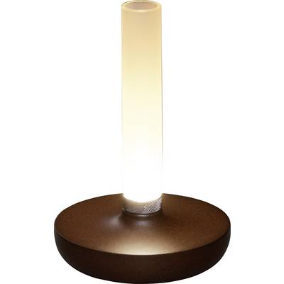 Una lampada da tavolo moderna con un paralume cilindrico in vetro smerigliato e una base rotonda marrone, che emette una luce calda e soffusa.