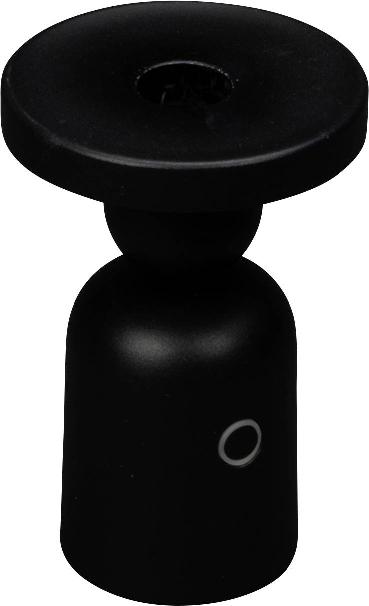 Un supporto di montaggio per fotocamera o dispositivo nero con base cilindrica e parte superiore piatta e rotonda, dotato di un pulsante o indicatore circolare.