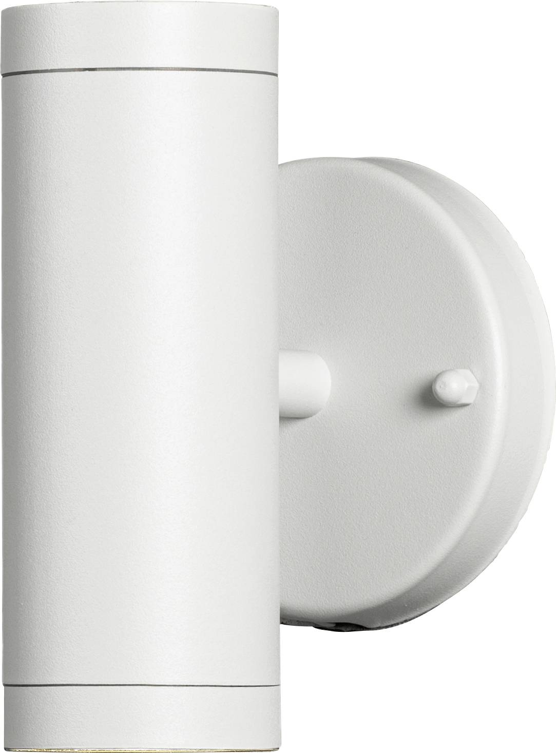 Un applique cilindrico bianco con un design semplice, montato su una base circolare, adatto per illuminazione interna o esterna.