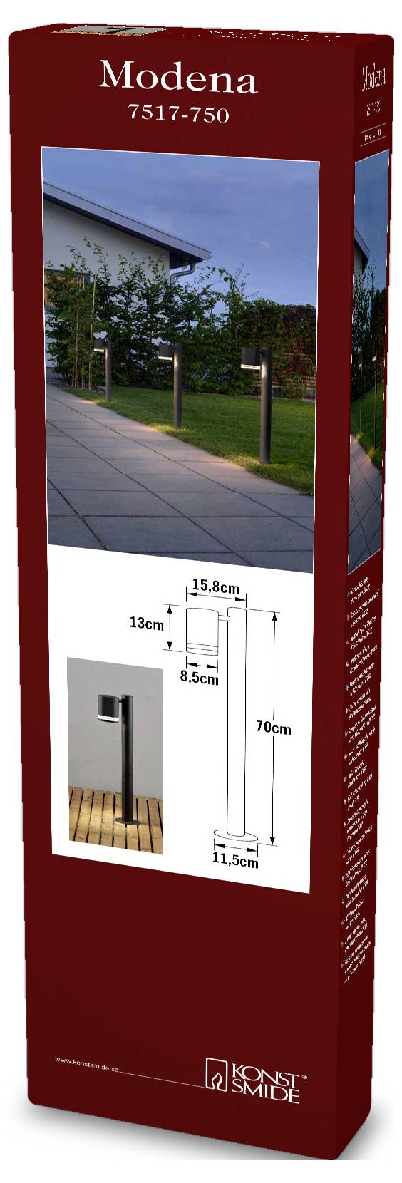 Confezione di illuminazione per percorsi esterni che mostra una scena da giardino con tre colonne luminose nere. Disegno tecnico delle dimensioni della luce: altezza 70 cm, larghezza 15,8 cm. Modello: Modena 7517-750.