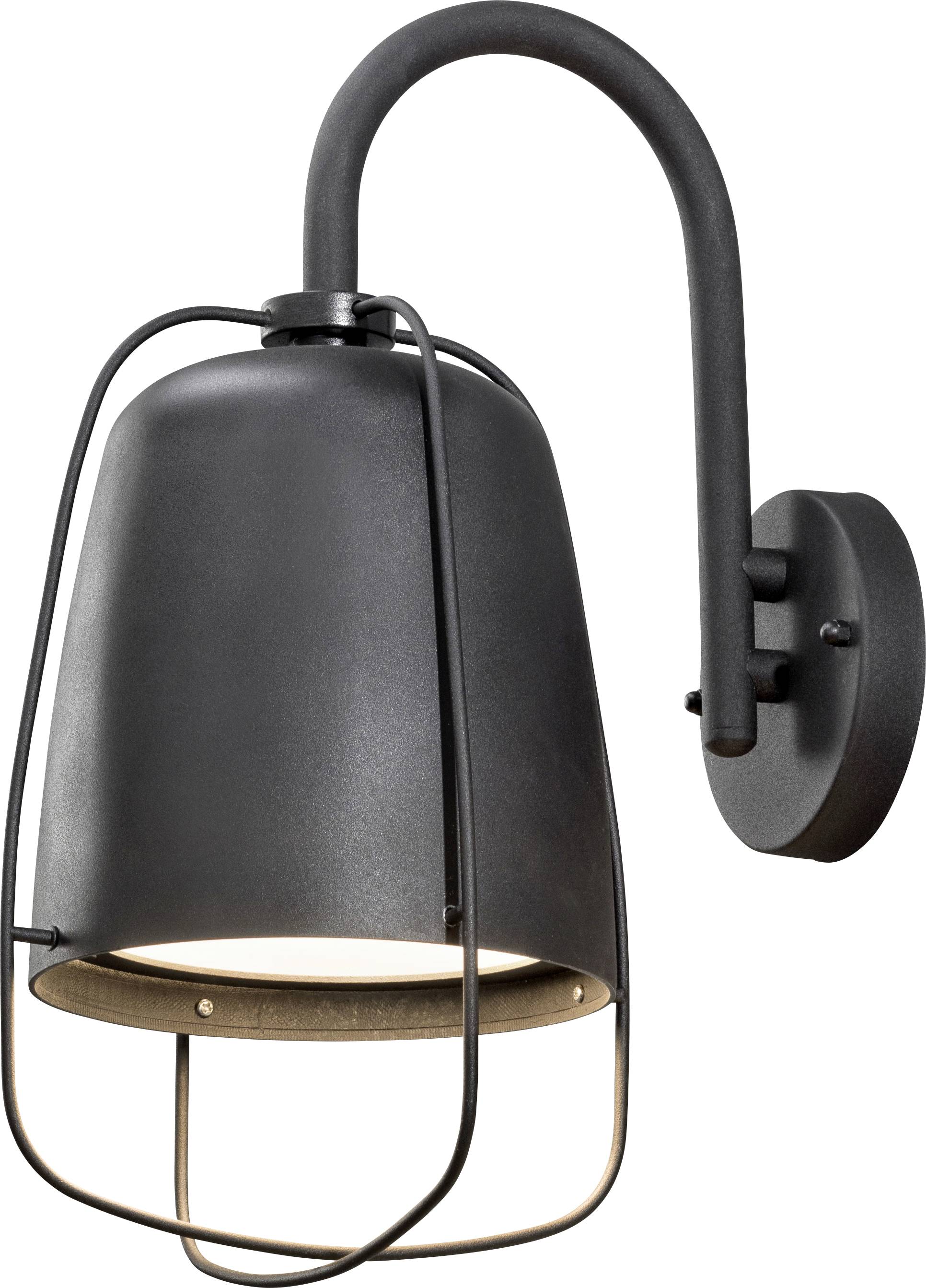 Un applique da parete in metallo nero con braccio curvo e lampadina esposta, progettato per uso esterno o interno, che fornisce illuminazione ambientale.