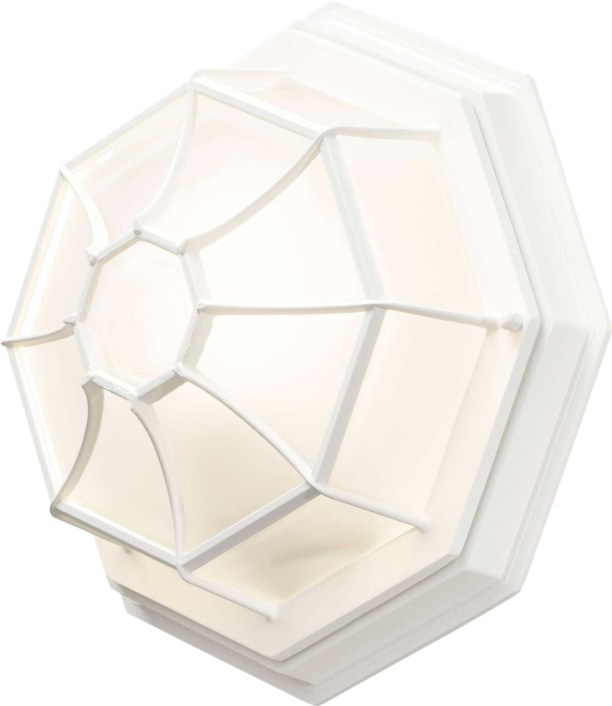Un applique a parete bianco, ottagonale, con un design a forma di ragnatela, illuminato dall'interno.