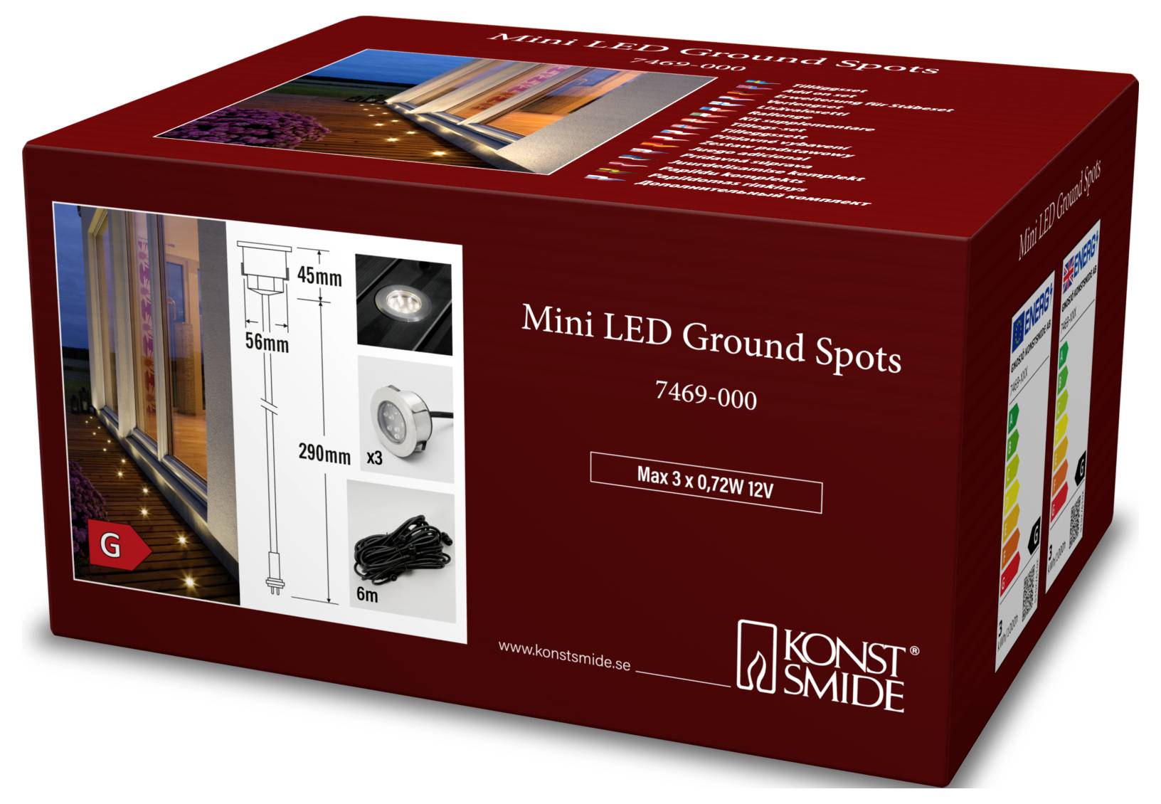 'Spot a terra Mini LED' mostra tre luci, dimensioni e dettagli del cavo. Utilizzati per installazioni di illuminazione esterna.
