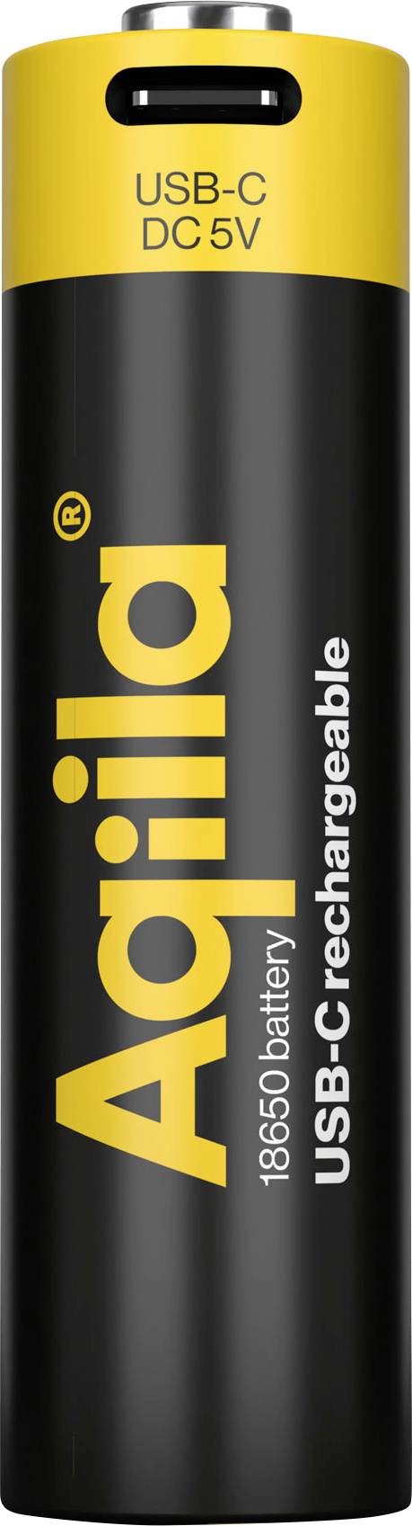 'Batteria ricaricabile 18650 tramite USB-C, marca Aqila, colore nero con parte superiore gialla, etichettata per 5V DC.'
