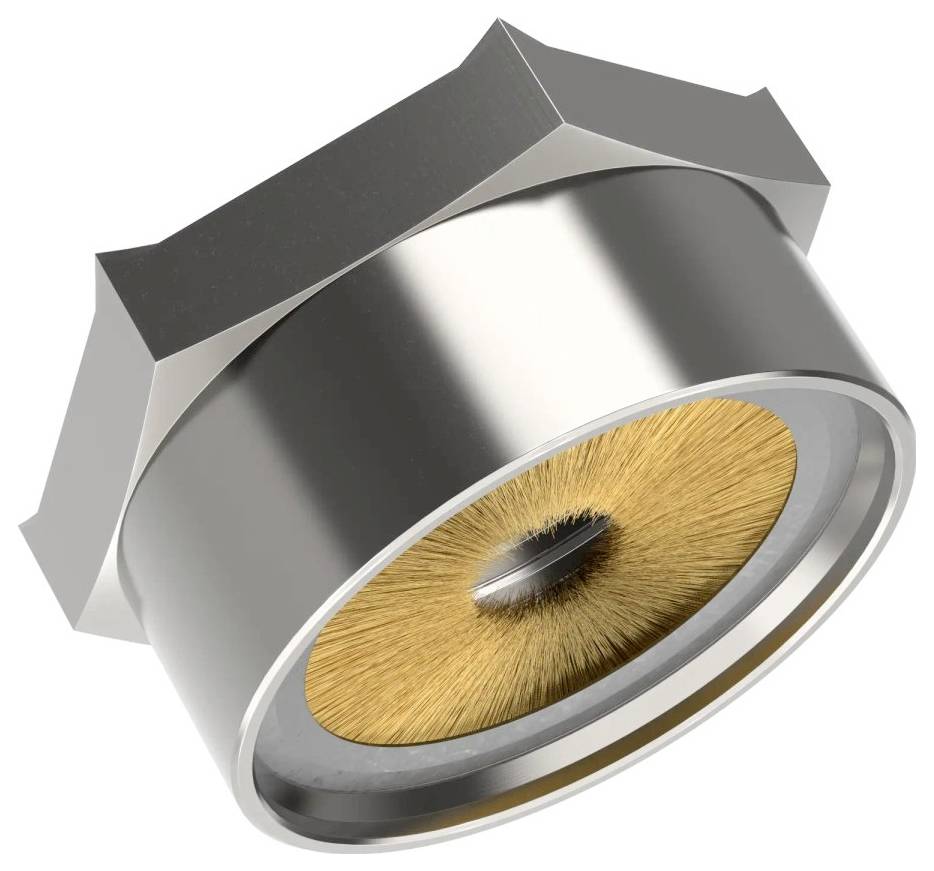 Un oggetto metallico rotondo con una spazzola centrale circolare di setole, che presenta sei sezioni metalliche angolari sul bordo esterno.