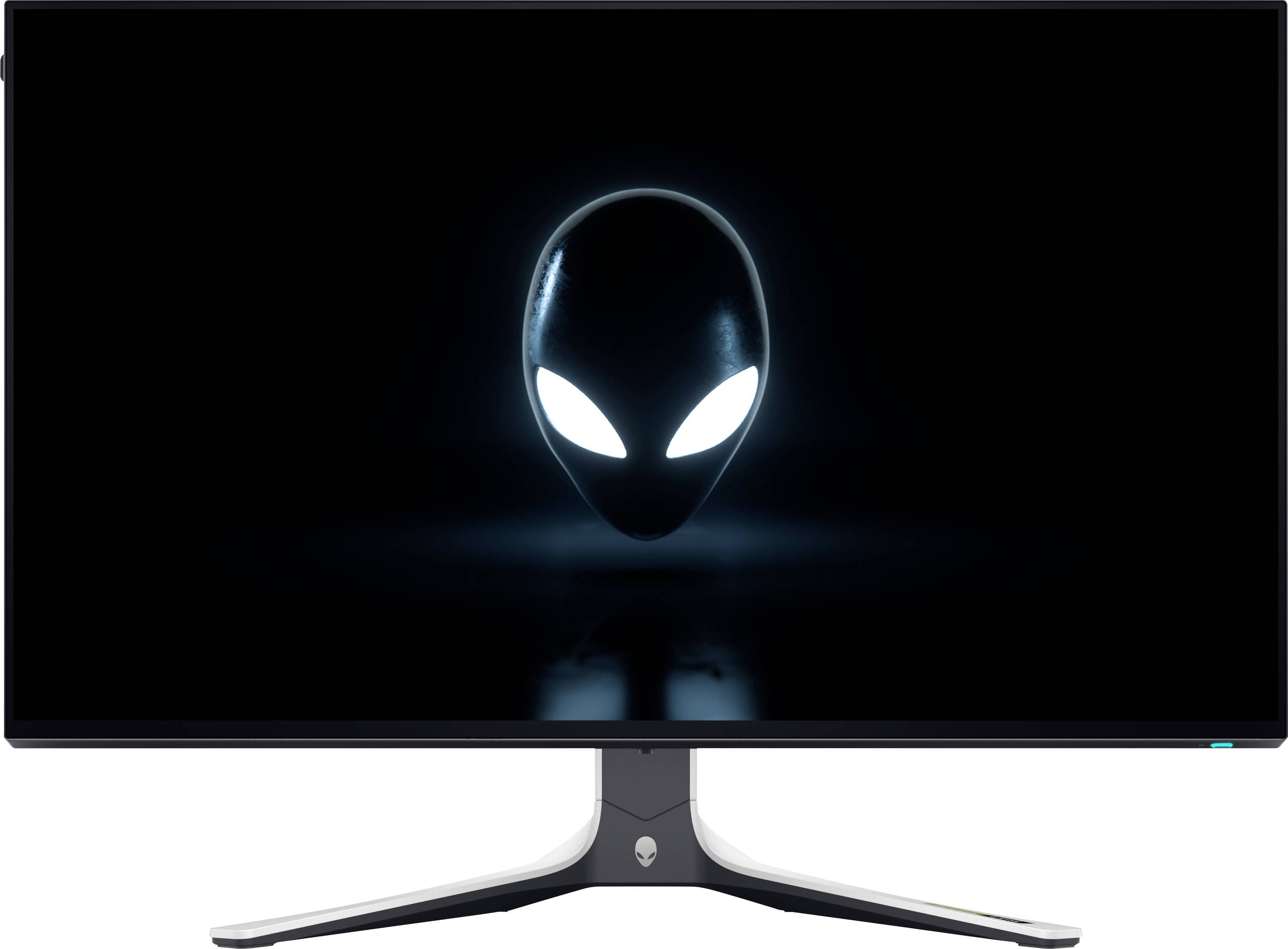 Un monitor da gaming elegante che mostra un logo di un volto alieno luminoso su uno sfondo scuro, simboleggiando il marchio Alienware, noto per l'hardware da gioco.