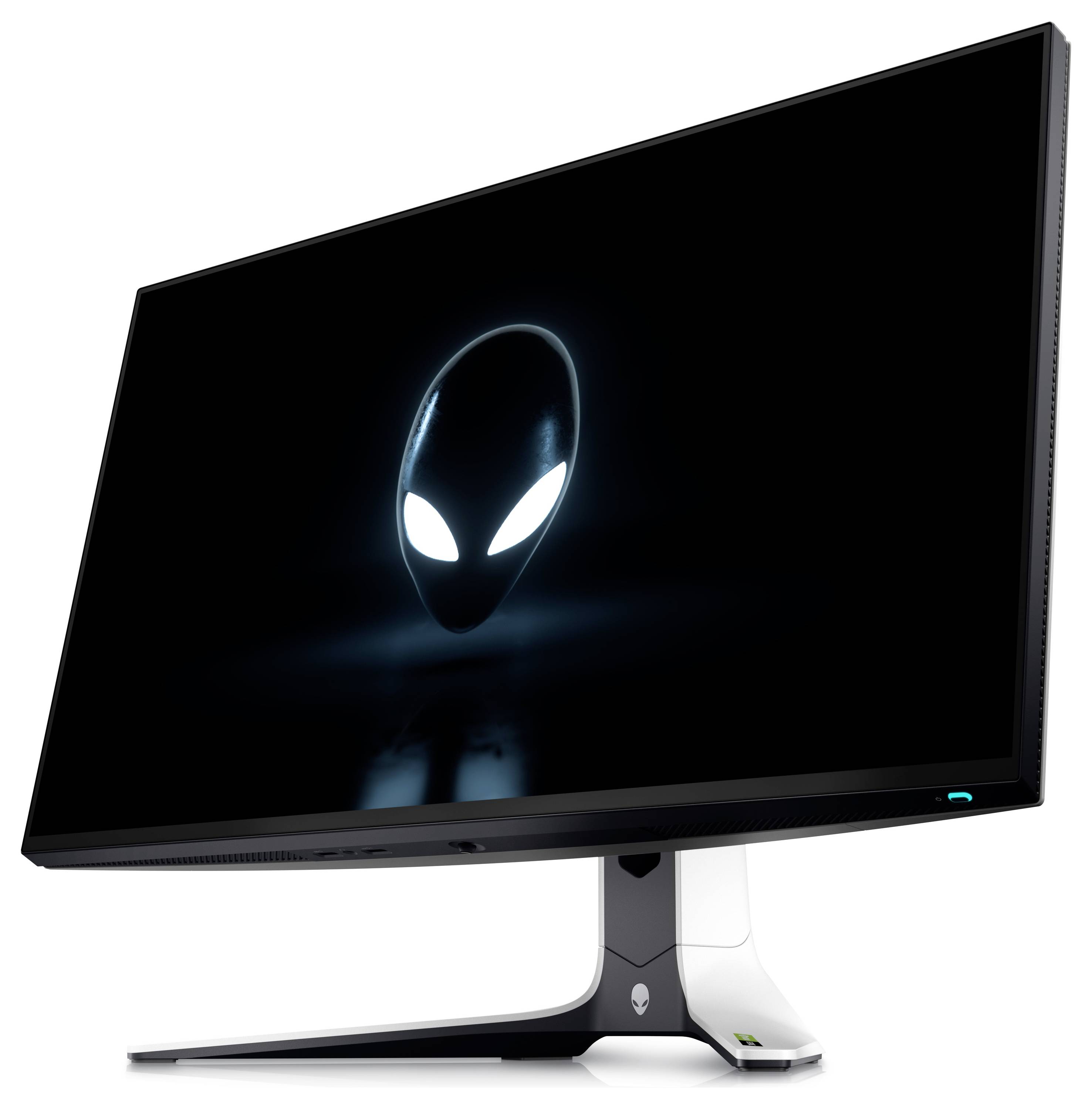 Un monitor del computer elegante che mostra un logo alieno iconico su uno schermo nero, con un supporto futuristico e minimale.