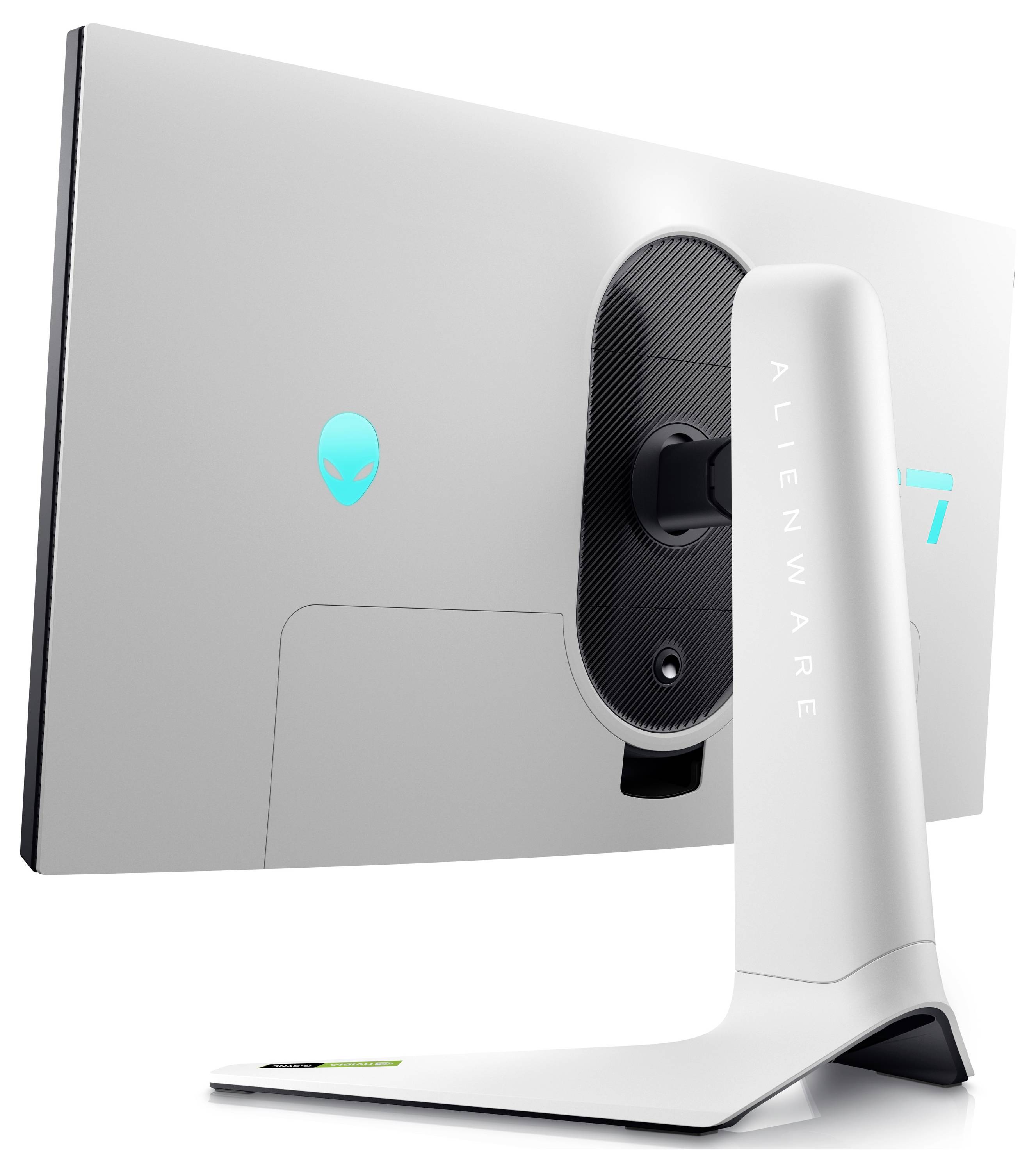 Una vista posteriore di un monitor Alienware, con il logo dell'alieno distintivo e un design elegante, che evidenzia il suo stile futuristico e orientato al gaming.