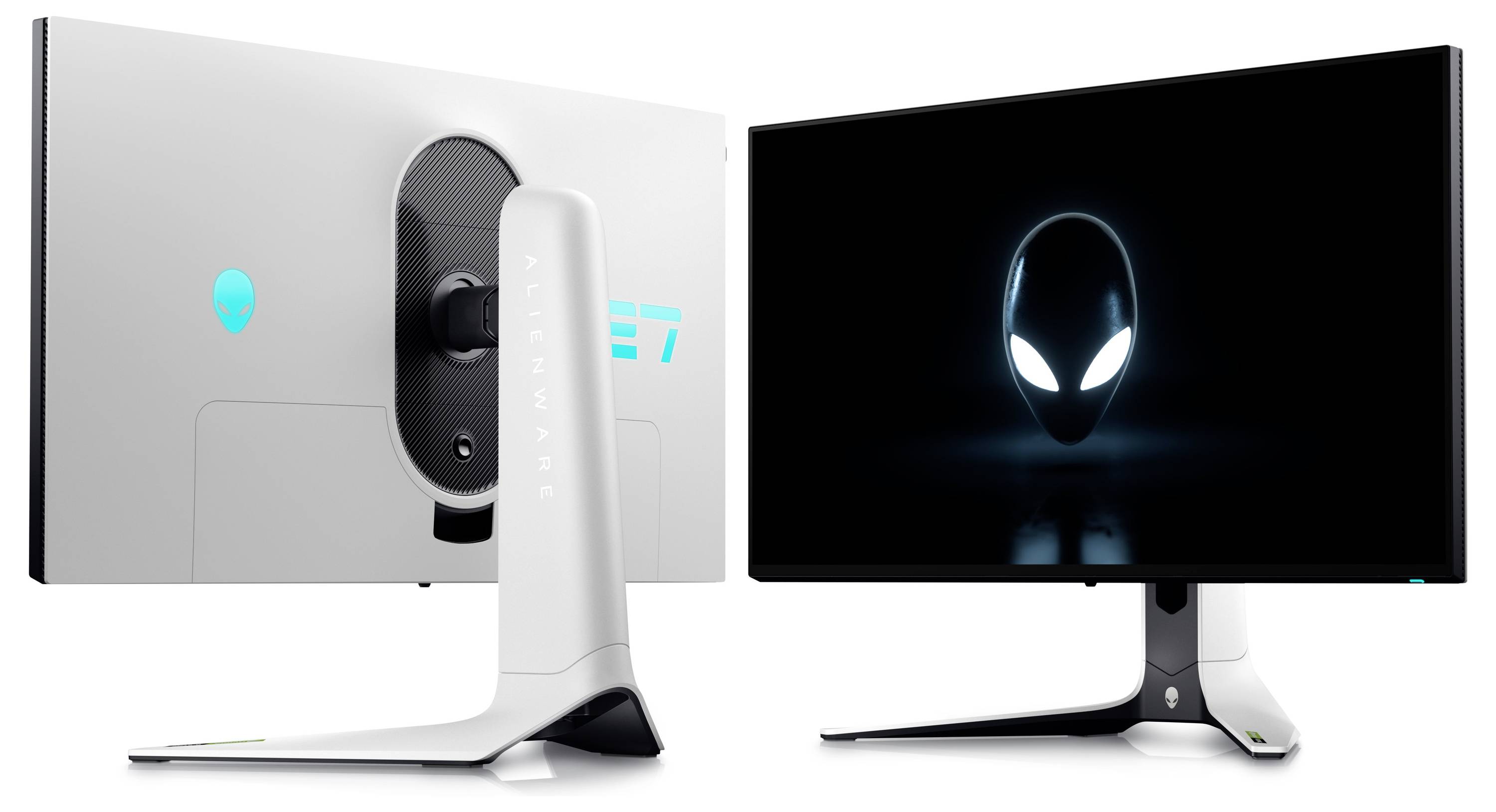 Un monitor bianco che mostra un logo con un volto alieno luminoso sullo schermo, con lo stesso logo sul retro.
