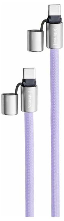 Due cavi intrecciati color lavanda con connettori magnetici argentati progettati per la ricarica e il trasferimento dati.