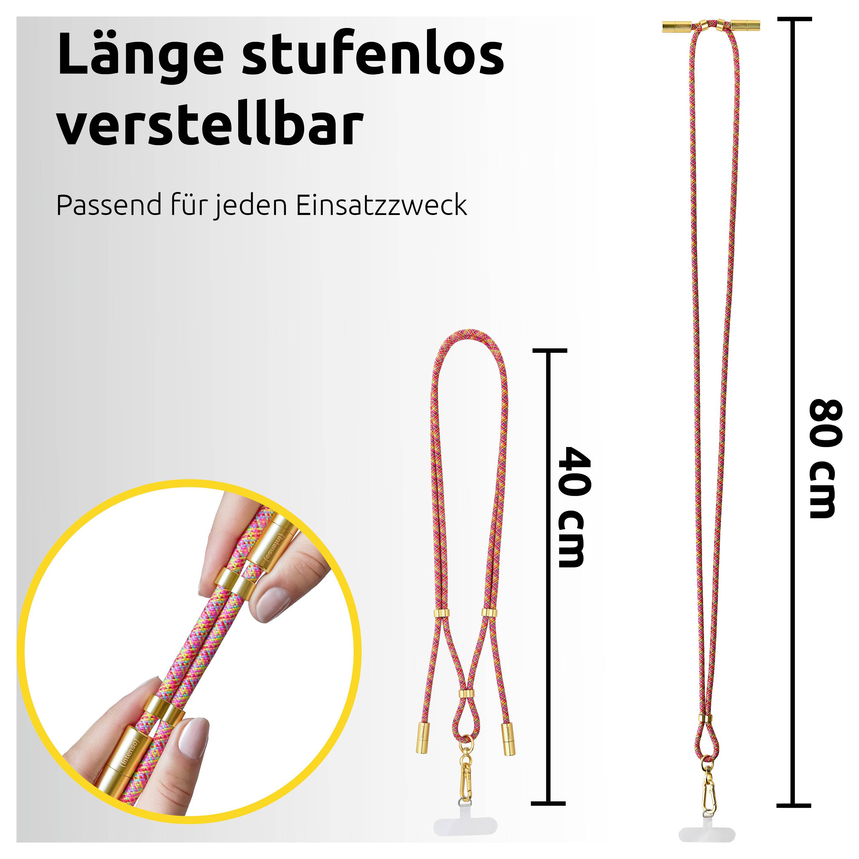 Un cordino rosso con dettagli dorati, regolabile da 40 cm a 80 cm, adatto a diversi utilizzi. Le mani dimostrano il metodo di regolazione.