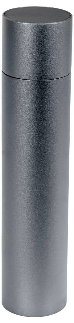 Un contenitore cilindrico alto di colore grigio, con una finitura lucida e un coperchio arrotondato.
