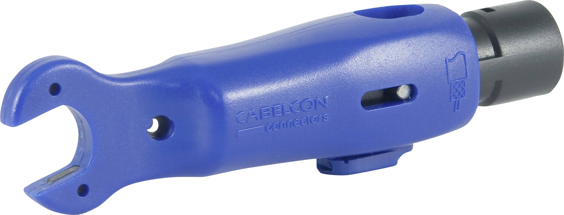 Uno strumento di compressione per cavi coassiali blu con un'apertura a forma di U, utilizzato per sigillare connettori dei cavi, con marchio 'Cablecon'.