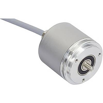 Un encoder rotativo grigio con corpo cilindrico, albero metallico e cavo collegato. Utilizzato per misurare le rotazioni nelle macchine.