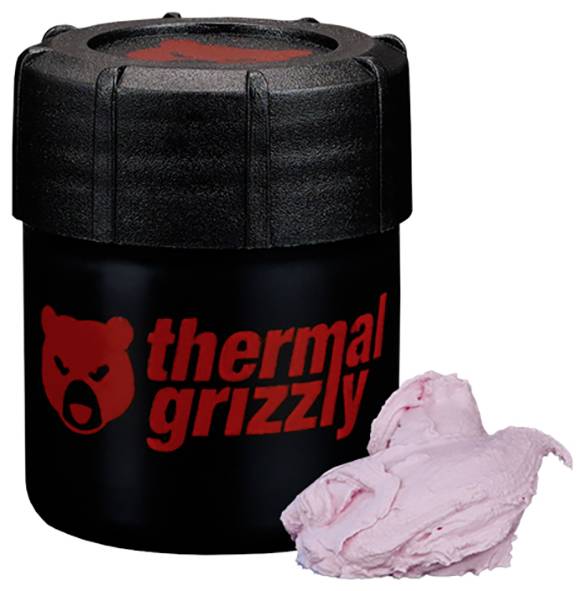Contenitore 'thermal grizzly' con logo, che presenta un composto termico rosa accanto ad esso.