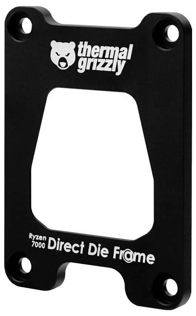 Cornice 'Direct Die Frame' di Thermal Grizzly per Ryzen 7000, una cornice con un ritaglio centrale e quattro fori di montaggio, utilizzata per modifiche di raffreddamento della CPU.