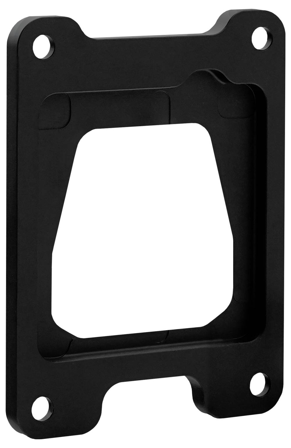 Staffa metallica con quattro fori per viti e un ritaglio centrale, progettata per montare o fissare componenti, mostrata sullo sfondo neutro.