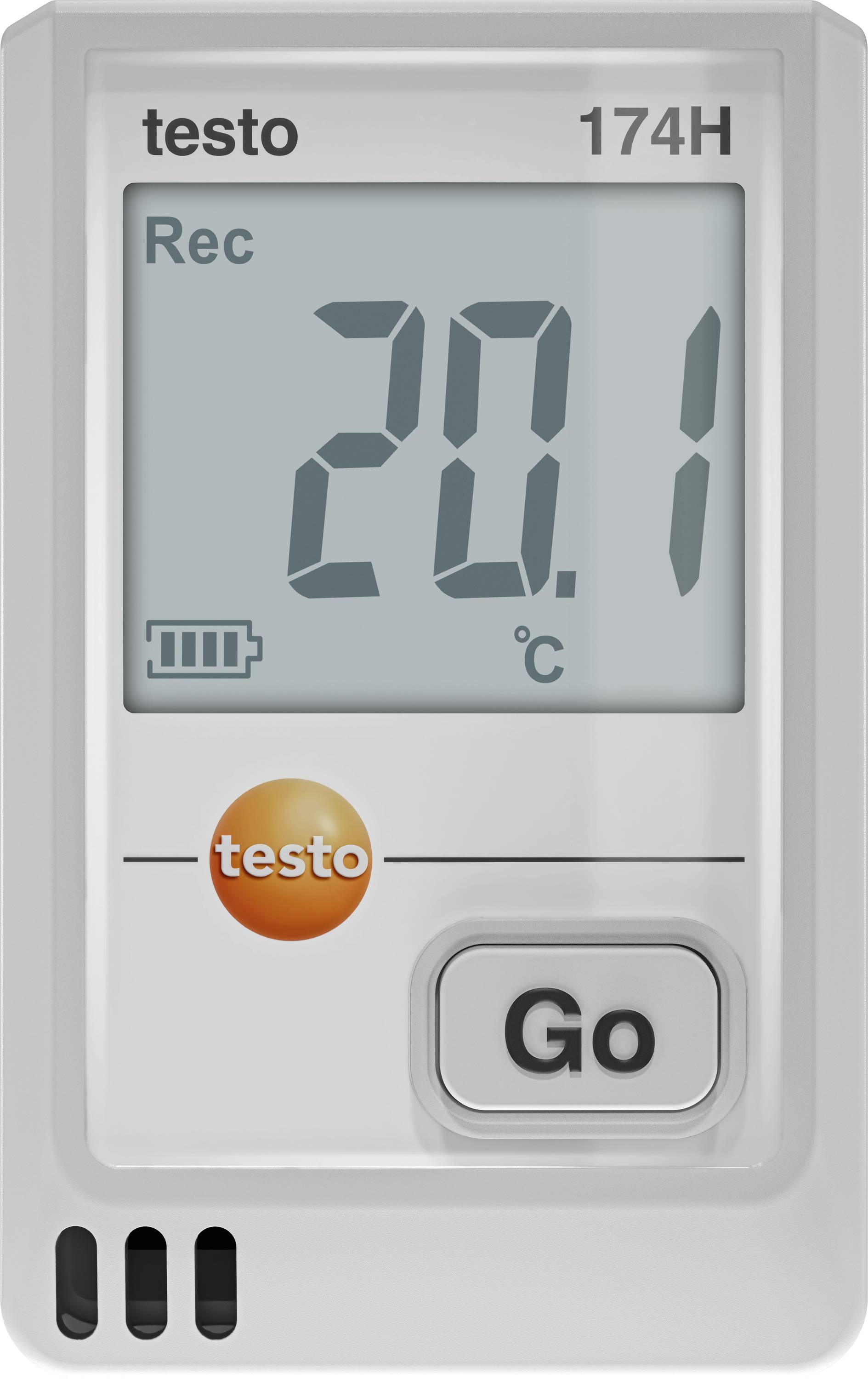 Datalogger digitale per temperatura e umidità 'Testo 174H' con display che mostra '20,1°C'. Presenta un pulsante 'Go' e un'icona della batteria.