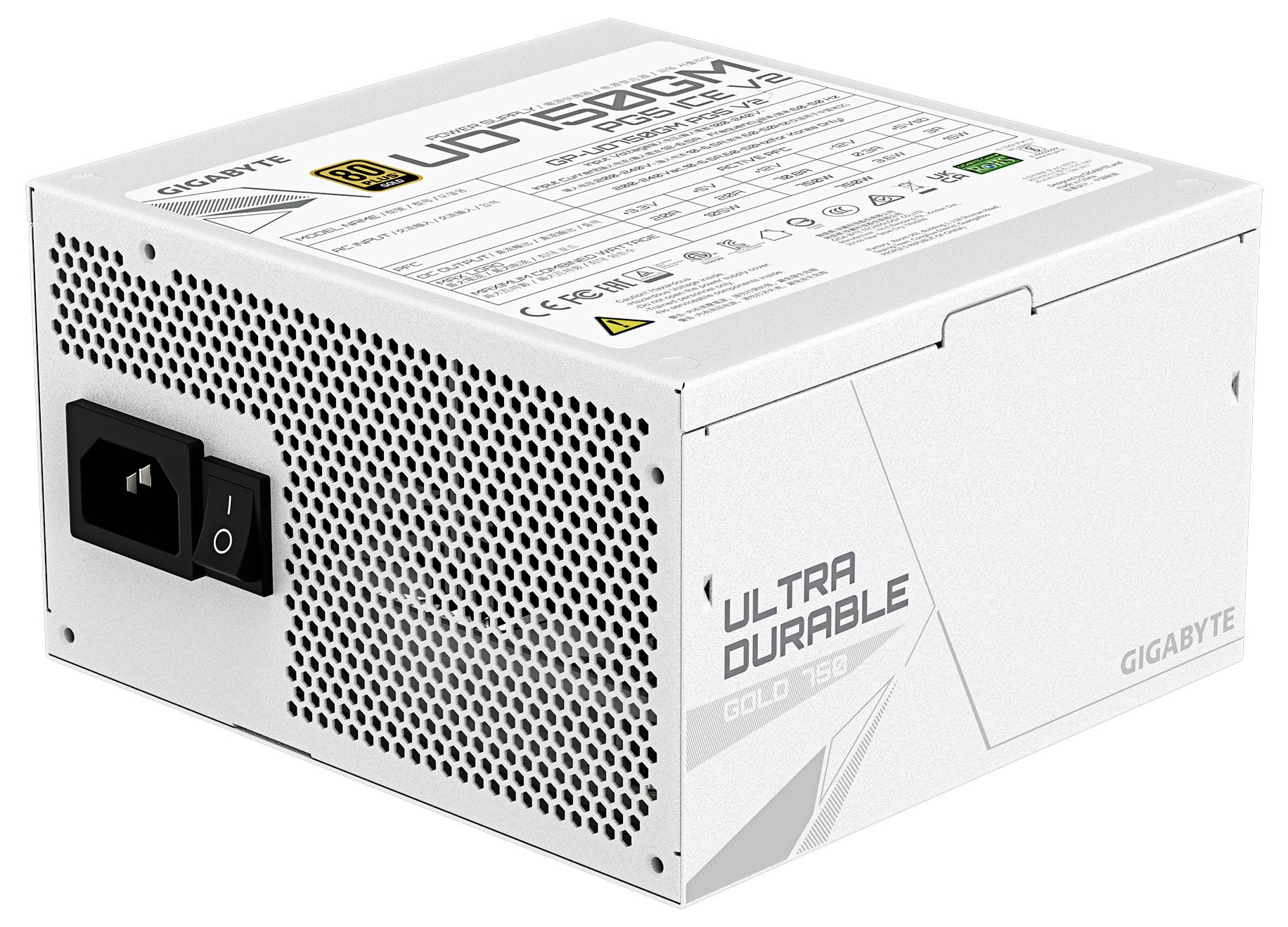 Unità di alimentazione bianca 'Ultra Durevole' per computer con etichetta laterale che riporta le specifiche e pulsante di accensione visibile sul retro.