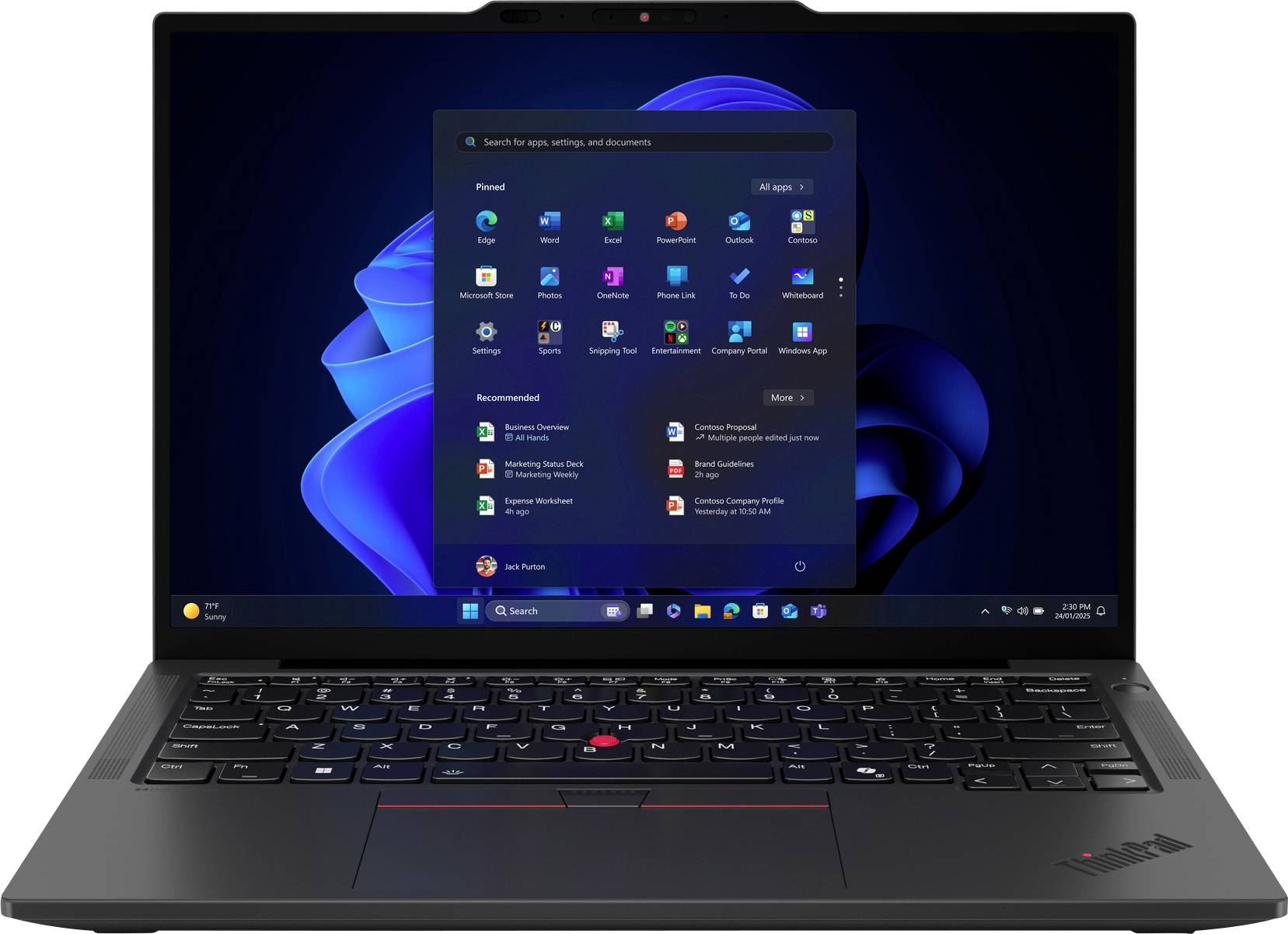 Un laptop che mostra la schermata iniziale del sistema operativo Windows con varie icone di applicazioni, una barra di ricerca e uno sfondo astratto blu.