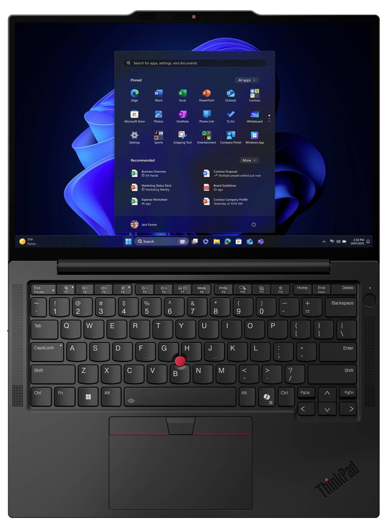 Un laptop che mostra il menu di avvio di Windows 11 sul suo schermo, con varie icone di applicazioni. Il dispositivo ha una tastiera nera e un touchpad.
