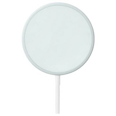Un pad di ricarica rotondo e bianco con un cavo, progettato per la ricarica wireless di dispositivi elettronici.